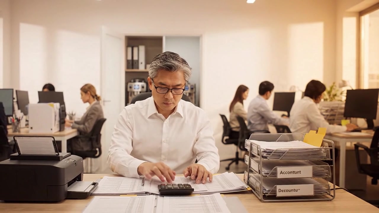 Commercialista concentrato che esamina documenti in un moderno ufficio con colleghi che lavorano sullo sfondo.