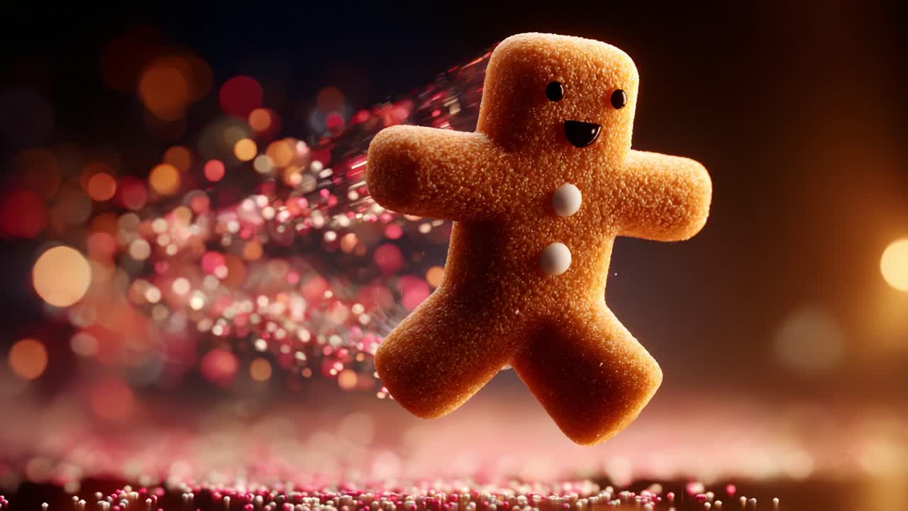 A whimsical gingerbread man leaps through a colorful, sparkling background, leaving a trail of vibrant particles, embodying the spirit of joy, adventure, and the magic of festive celebrations