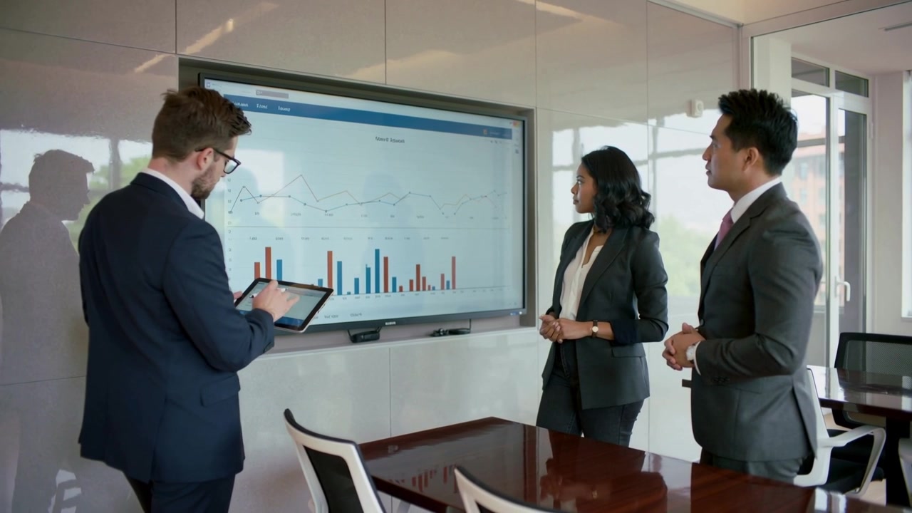 Tapping man operating tablet, suited team watching bar-line chart at meeting room, updating data