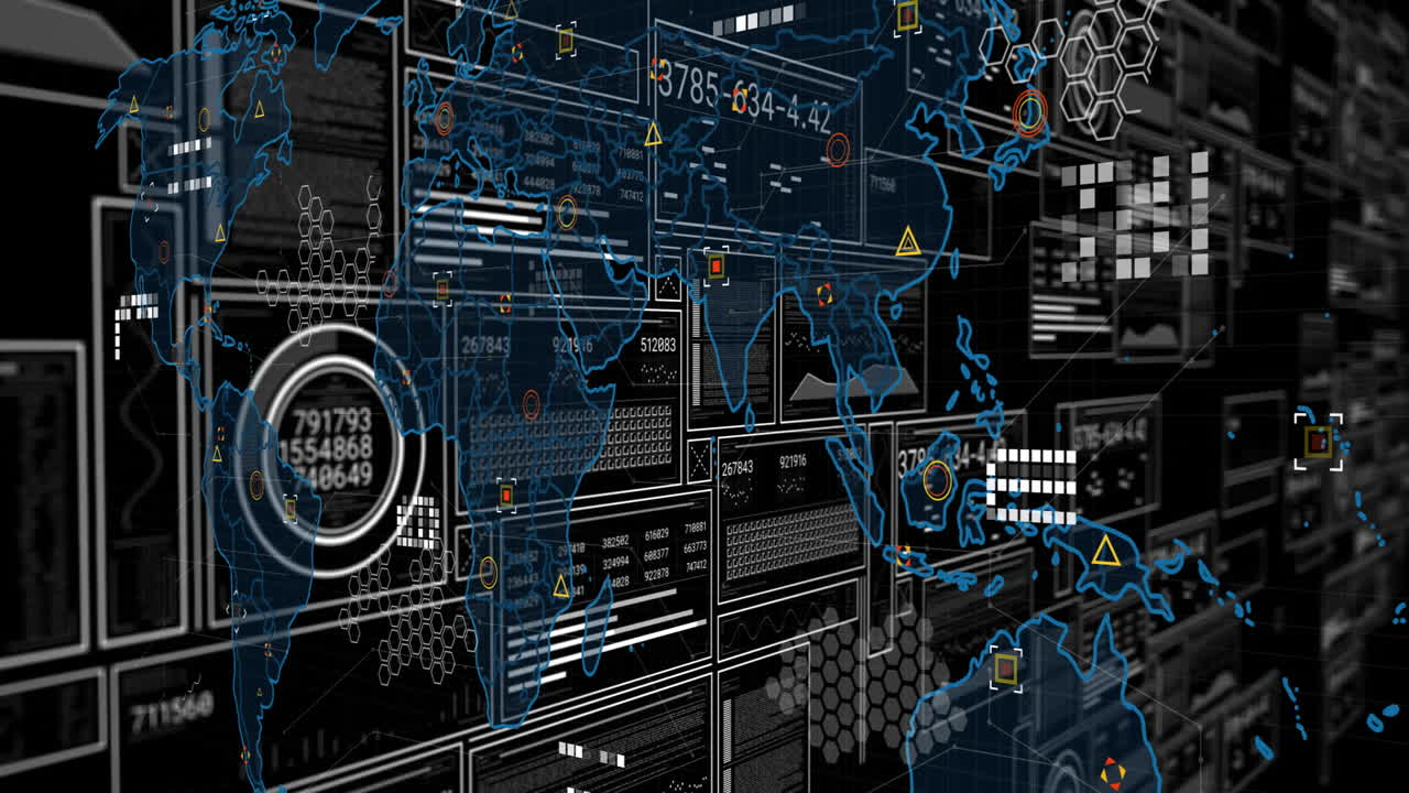 Overlaying futuristic interface, digital world map with data points and animation