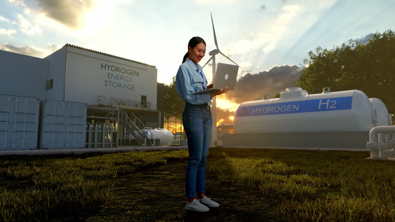 donna che lavora su un portatile in un impianto di stoccaggio dell'energia dell'idrogeno