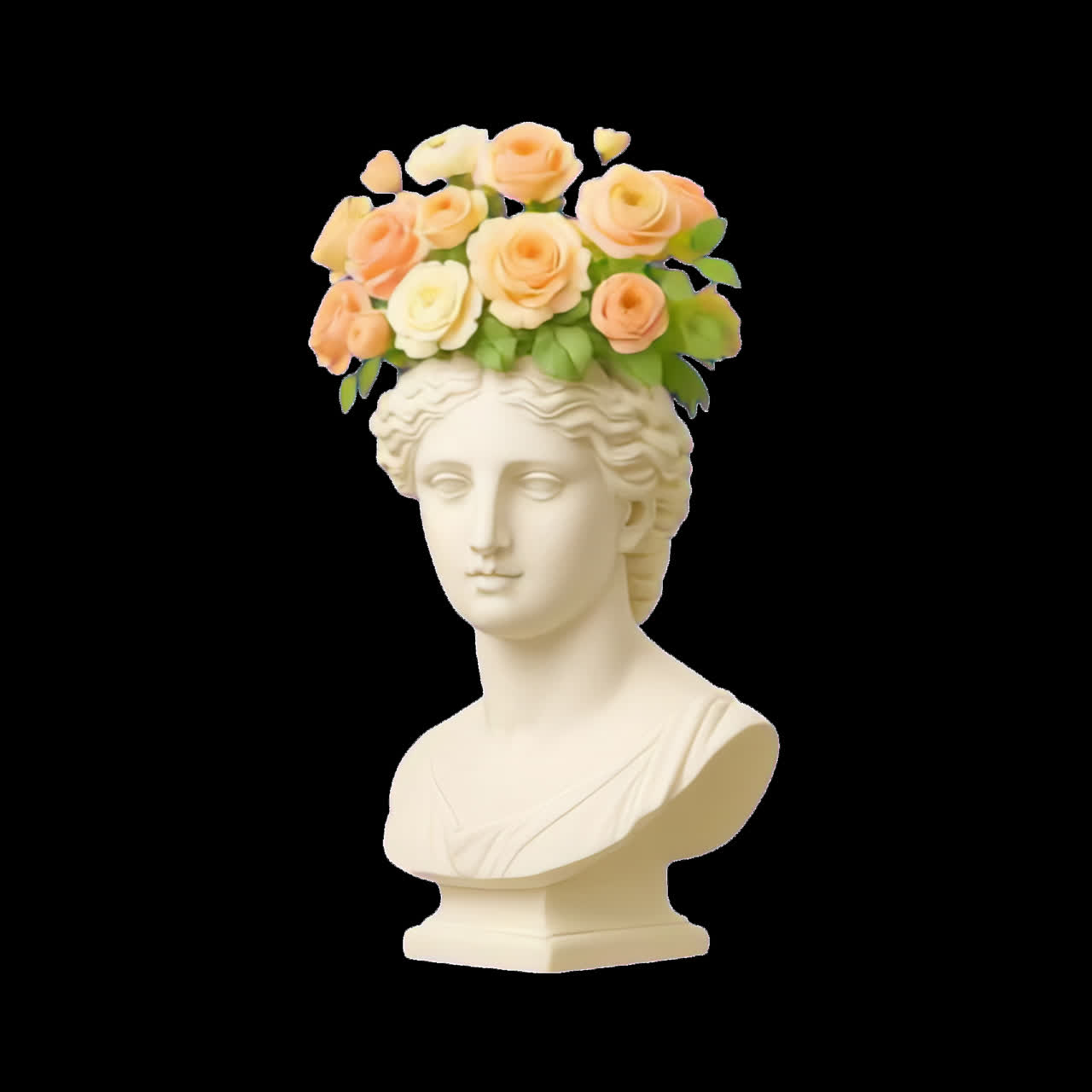 Classical bust with floral arrangement animation isolated asset, transparent 4K video, alpha