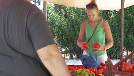 young woman buying tomatoes at street vendor stall