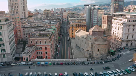 Stunning-aerial-skyline-view-over-Via-XX-Settembre-in-Genoa,-Italy