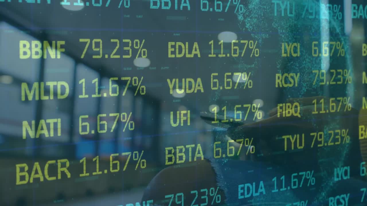 Animation of financial data processing and globe and woman using tablet