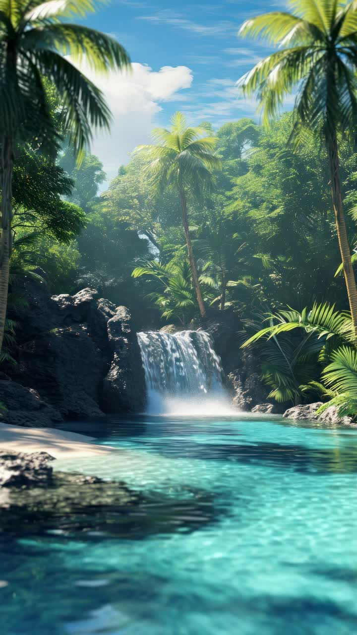 A serene tropical waterfall scene with lush greenery and clear water, captured from a low angle