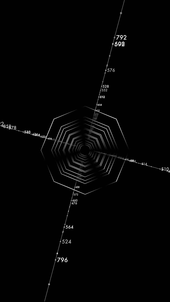 9:16 abstract HUD featuring geometric tunnel lines and precise numerical data. Ideal for aerospace navigation, futuristic technology, and mathematical science concepts