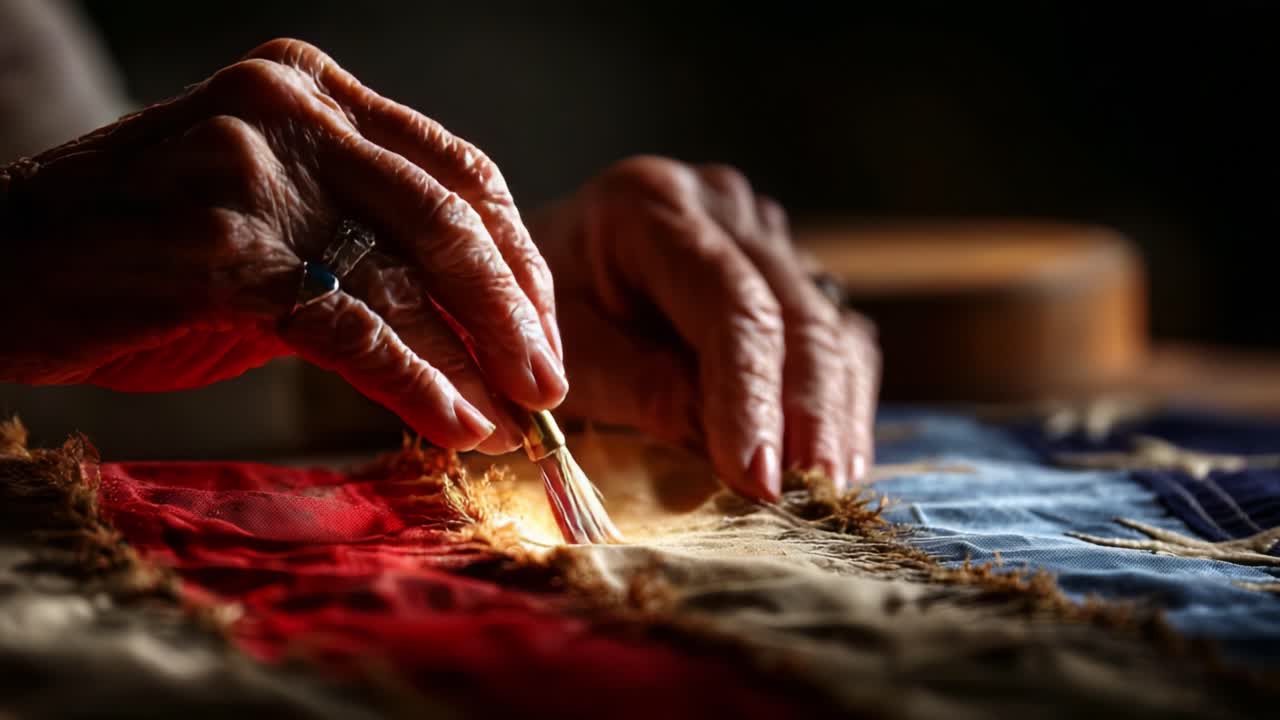 Artisan Hands Expertly Restoring Aged Fabric with Careful Precision, Illuminating Threads and Textures, Showcasing the Beauty of Craftsmanship in Textile Repair Techniques