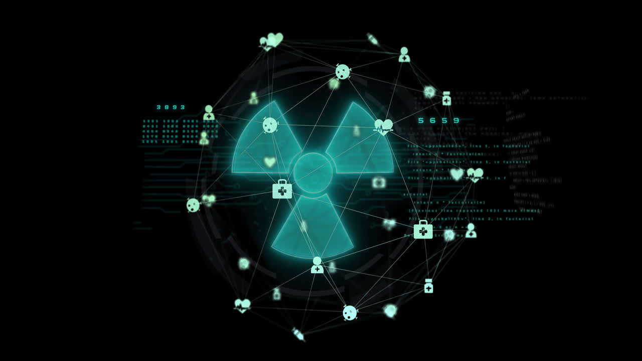 Animation of nuclear symbol with digital security icons and data in network