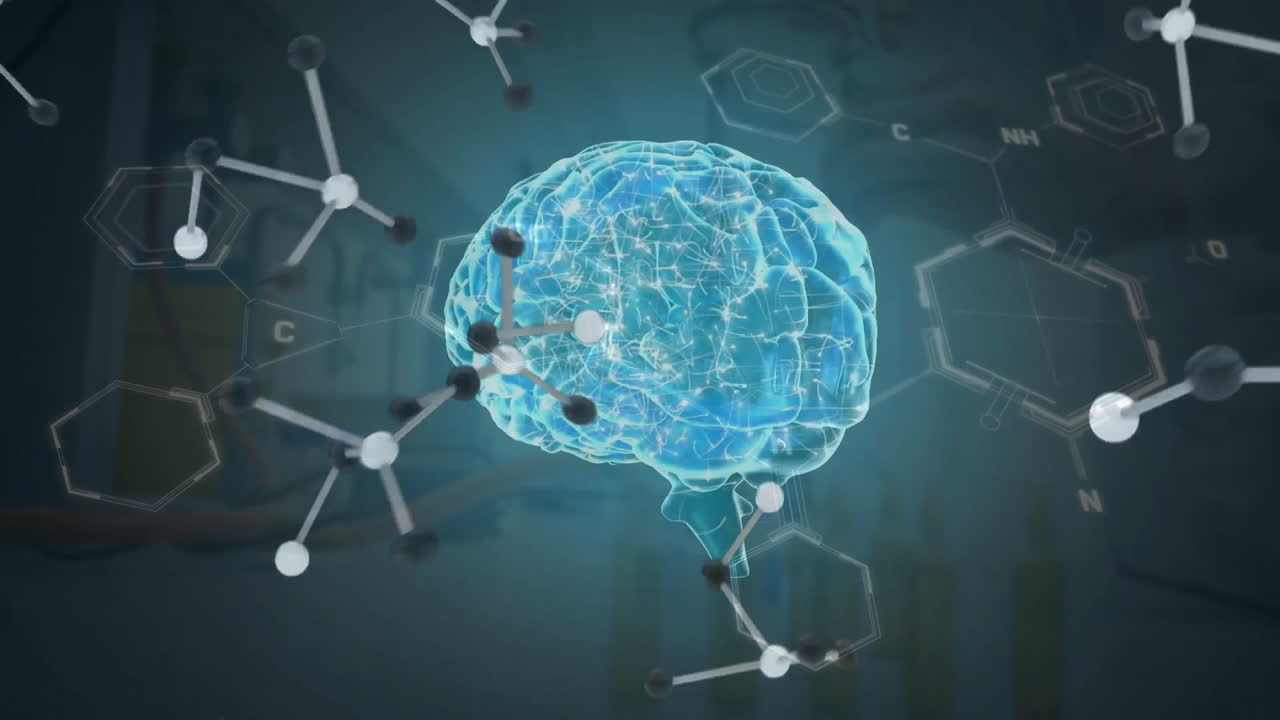 animación del cerebro humano, moléculas y procesamiento de datos científicos en fondo negro