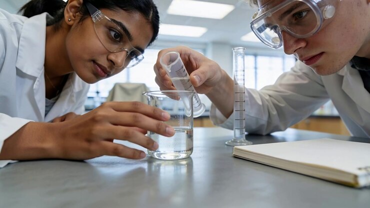 Tilting vial, partners in lab coats, goggles dispensing into beaker at school lab measuring volume