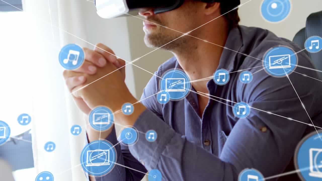 red de iconos digitales contra el hombre caucásico que usa auriculares vr en casa