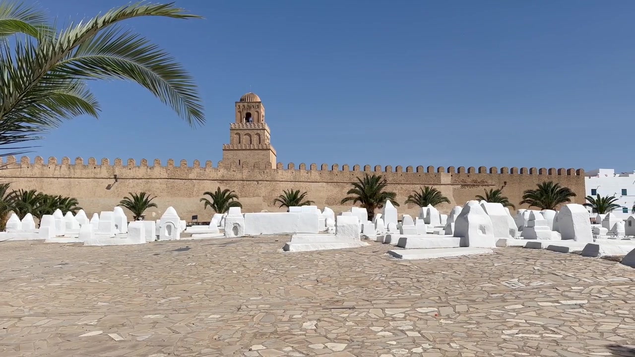 Parlak güneşli bir günde, palmiye ağaçlarıyla çevrili Kayrevan Ulu Camii'nin sur duvarı ve kulesinin önünde beyaz mezarlar duruyor. Tunus.