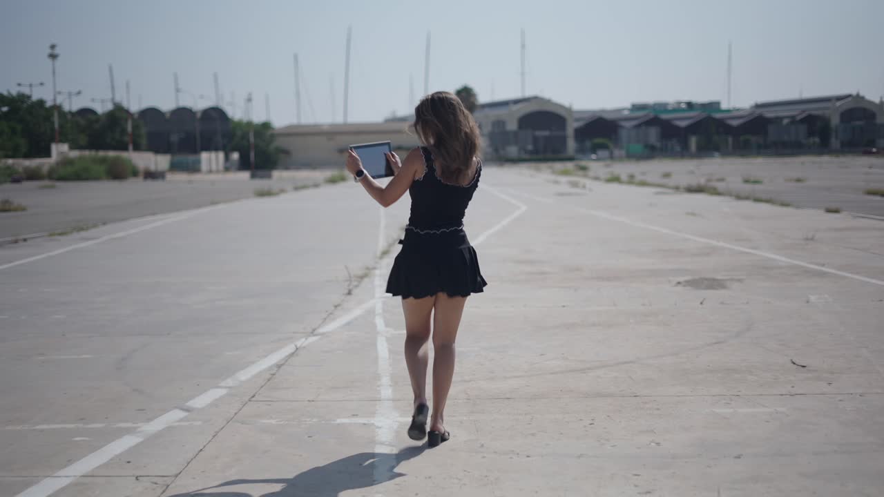 Donna che si scatta un selfie su una strada vuota
