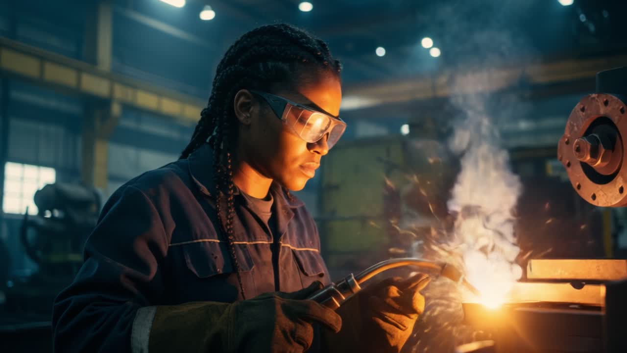 A skilled technician is focused on welding metal components in a busy industrial workshop. Dressed in protective gear, including safety goggles and gloves, the individual expertly maneuvers equipment to join metal pieces. Sparks fly as the welding torch ignites, showcasing precision and craftsmanshi