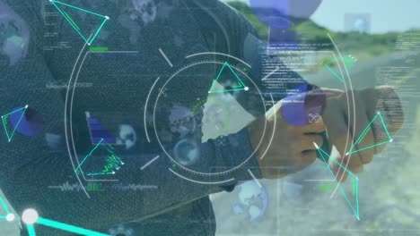 animación del procesamiento de datos financieros sobre el corredor masculino caucásico