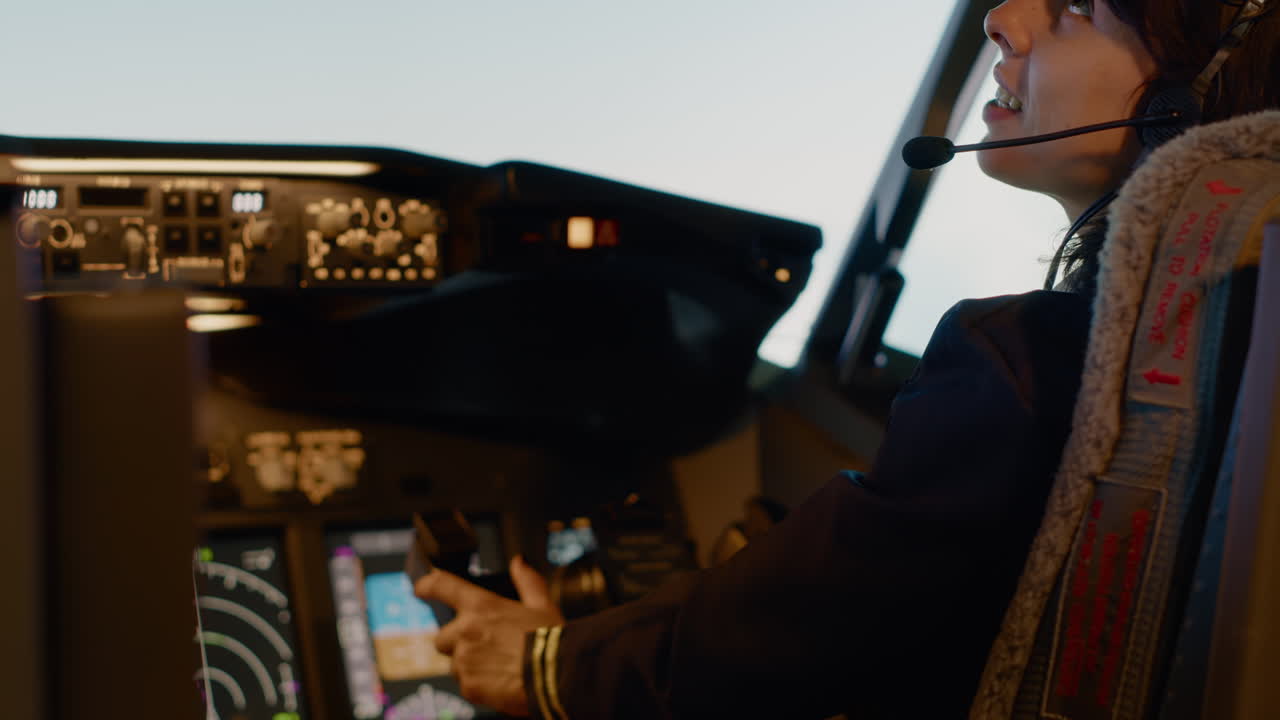 Woman copilot in uniform preparing to takeoff for airline flight