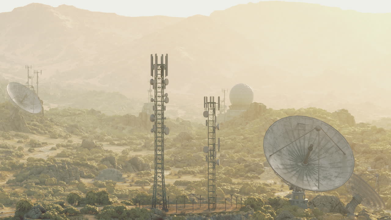 Towers and dishes in a remote mountain area at sunrise