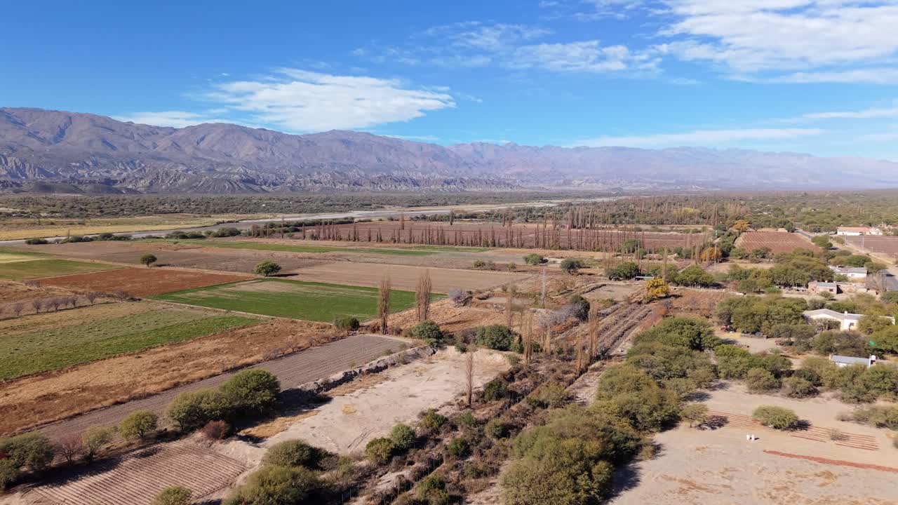 Rural vineyards valley and farmlands with distant mountain range under blue sky from above, La Rioja, Argentina