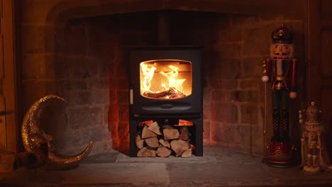 estufa de leña encendida en chimenea de invierno