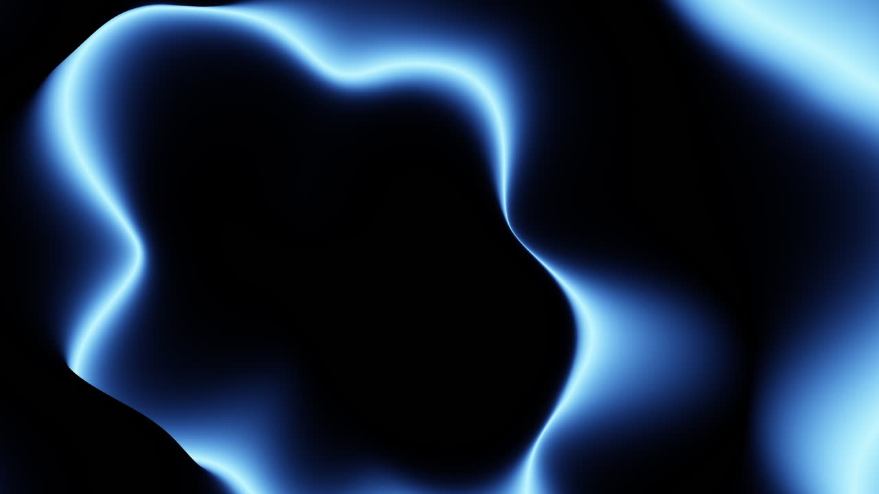 Filmato astratto di bagliore neon blu che forma onde liquide lisce e sfumature morbide su sfondo scuro, texture futuristica di flusso energetico per tecnologia, musica e motion design.