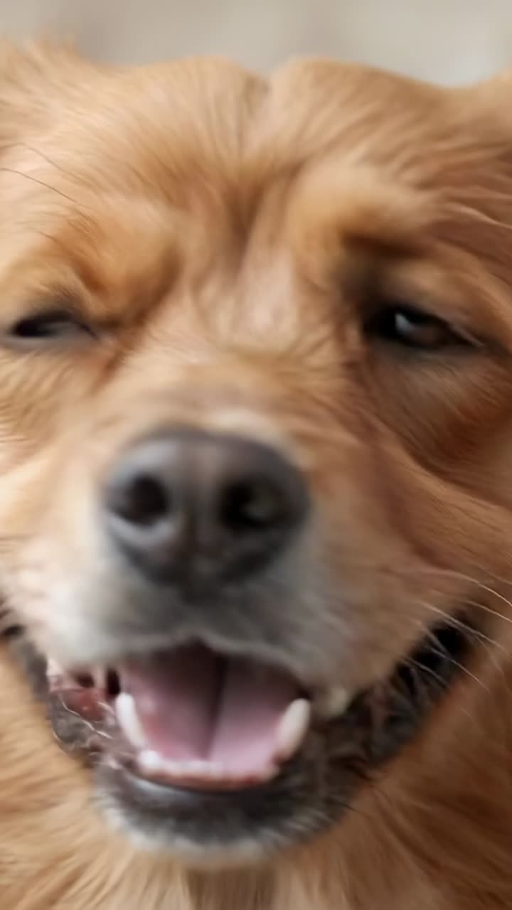 Vertical video: Turning golden dog reacting to off-camera cue at home, showing nose and brown eye