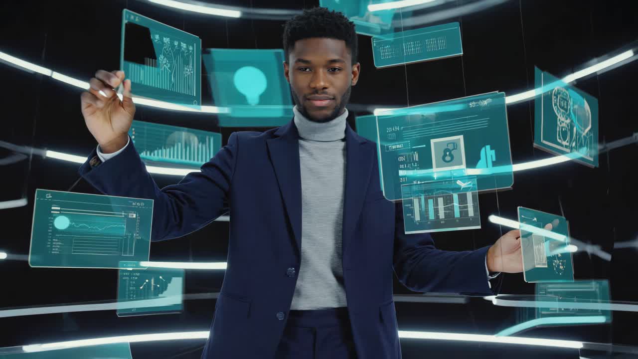 Man Interacting with Futuristic Holographic Data Displays