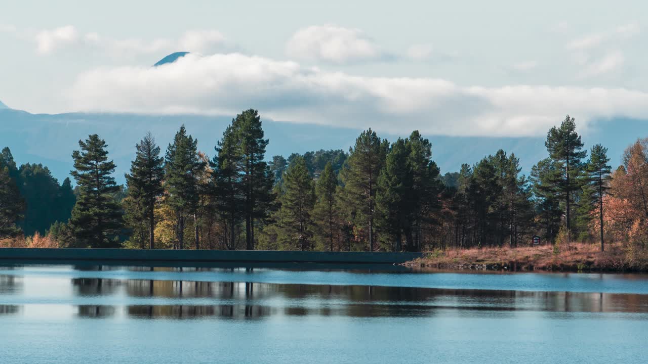 Beautiful time lapse panning on above water, clouds passing over mountains in the backgrounds