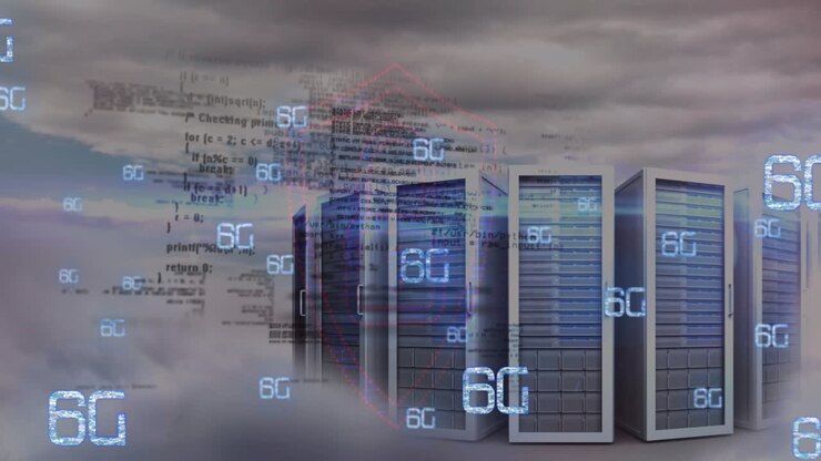 Animation of 6g text banners and data processing against computer servers and clouds in the sky