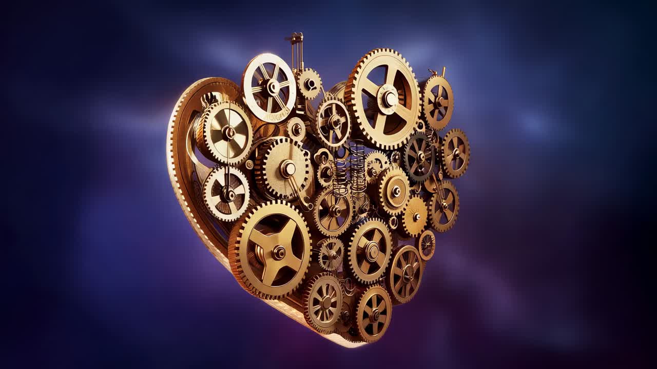 Rotating heart gear assembly revealing bronze gears springs while camera moving closer in studio