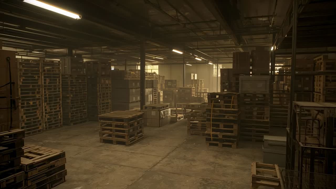 Panoramica con camera che scorre a destra attraverso la navata di un magazzino, rivelando pallet e casse impilati, luce opaca