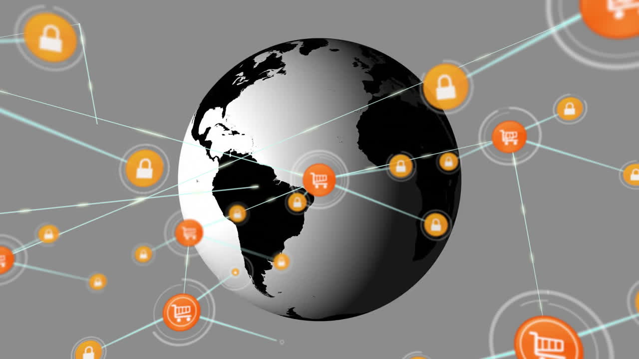 전 세계에 있는 아이콘과 연결된 네트워크의 애니메이션