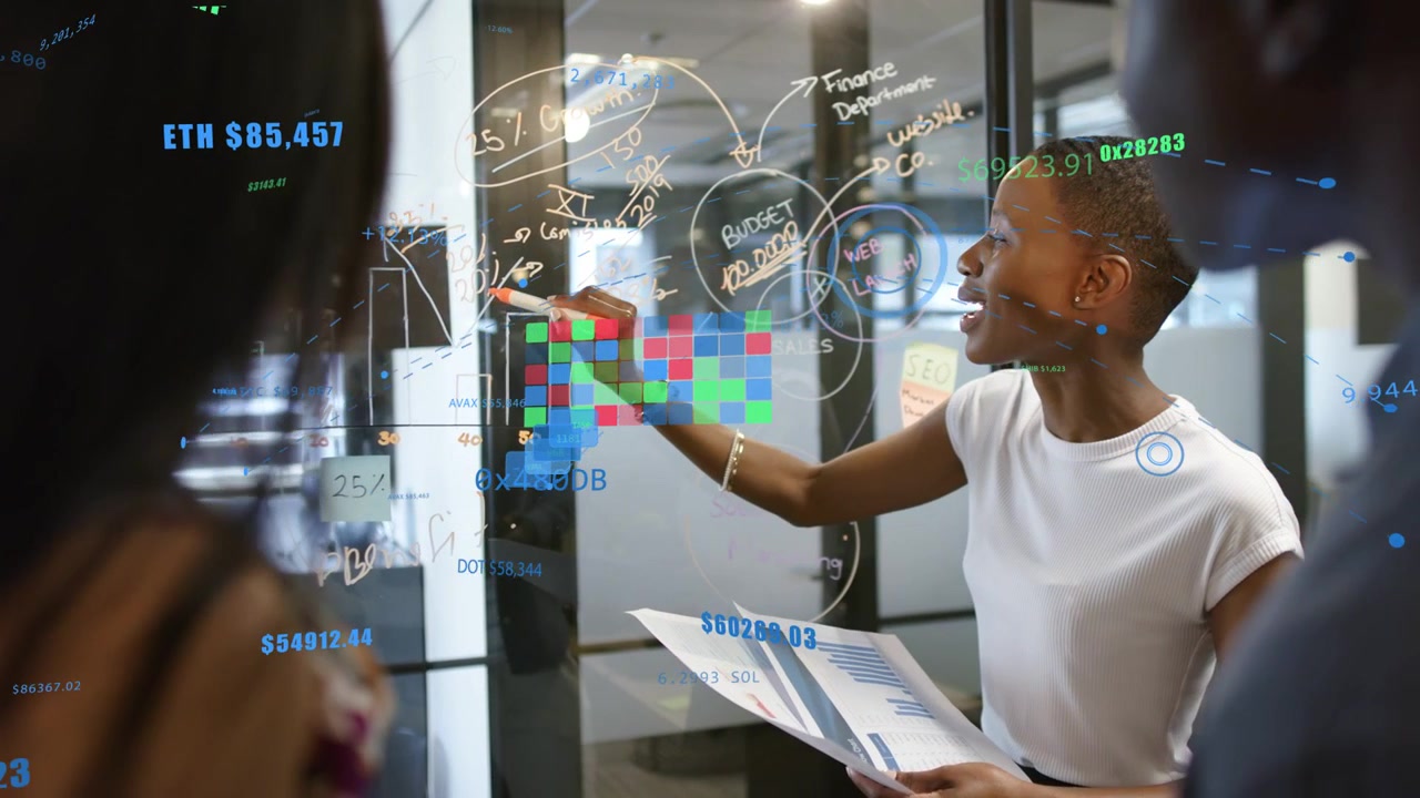 Female presenter referencing charts, writing on glass board, highlighting budget with crypto HUD