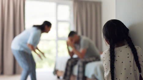 parents, fighting and girl in a family home