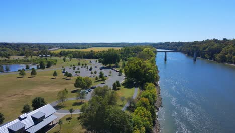 orbit drone shot of a fishing pond area in clarksville, tennesse