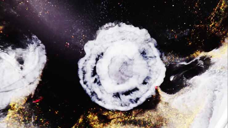Gold Dust And Black Paint Mixing Creating Galaxy-like Abstract Background