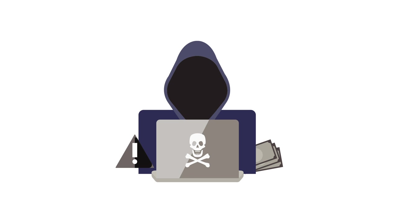 Hacker i hættetrøje begår cyberkriminalitet med bærbar computer og penge