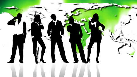 siluetas de personas de negocios contra el mapa del mundo. concepto de economía y ecología