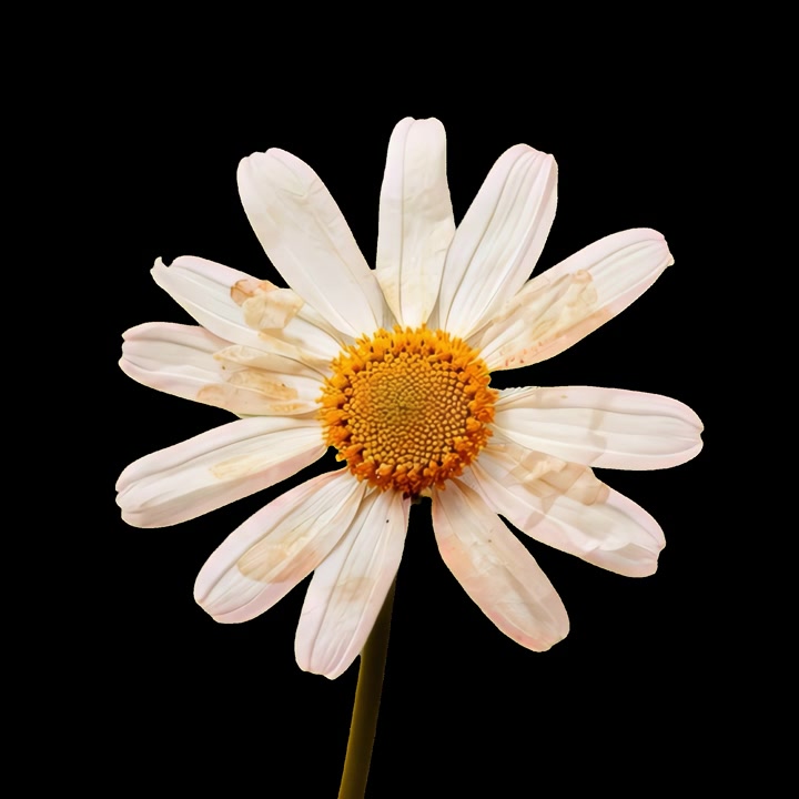 Single White Daisy Flower Isolated on Black Background