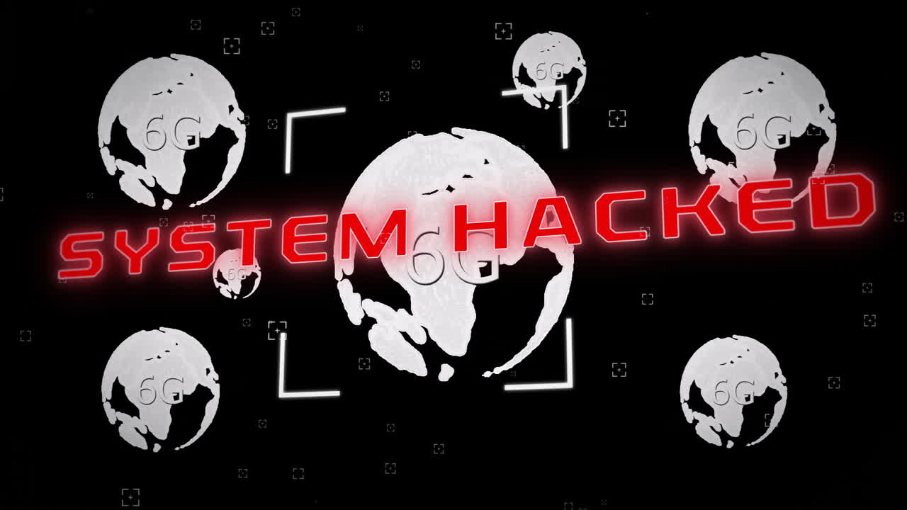 시스템은 검은 바탕에 여러 6g 네트워크 기호를 통해 텍스트 애니메이션을 해킹했습니다.