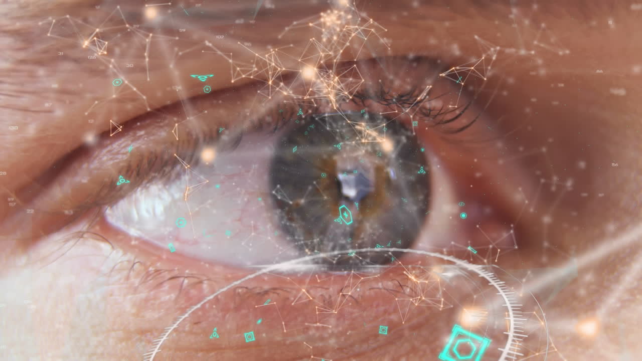 y un globo ocular digital con líneas asimétricas y símbolos futuristas