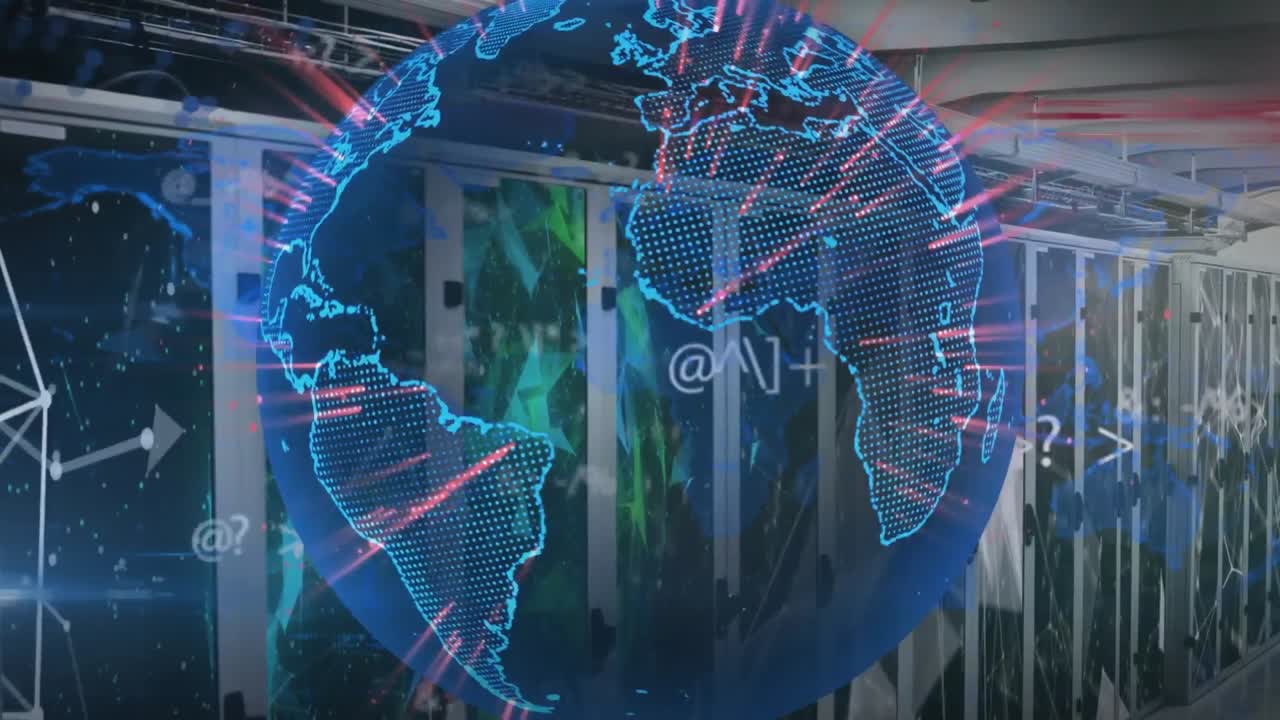 Animation of data processing and globe over computer servers