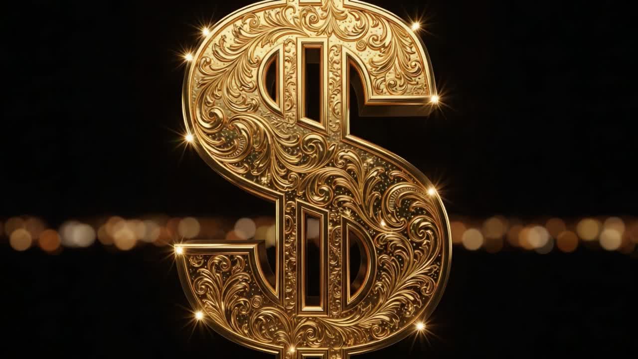 A Stunning Close-up of a Luxurious Golden Dollar Sign, Intricately Designed with Ornate Patterns and Sparkling Accents, Perfect for Symbolizing Wealth and Prosperity