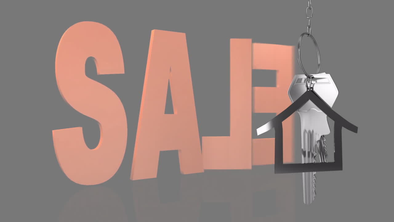 Animation of sale text over silver key chain