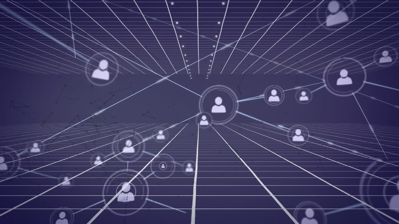 Digital animation of network of profile icons against grid network on blue background
