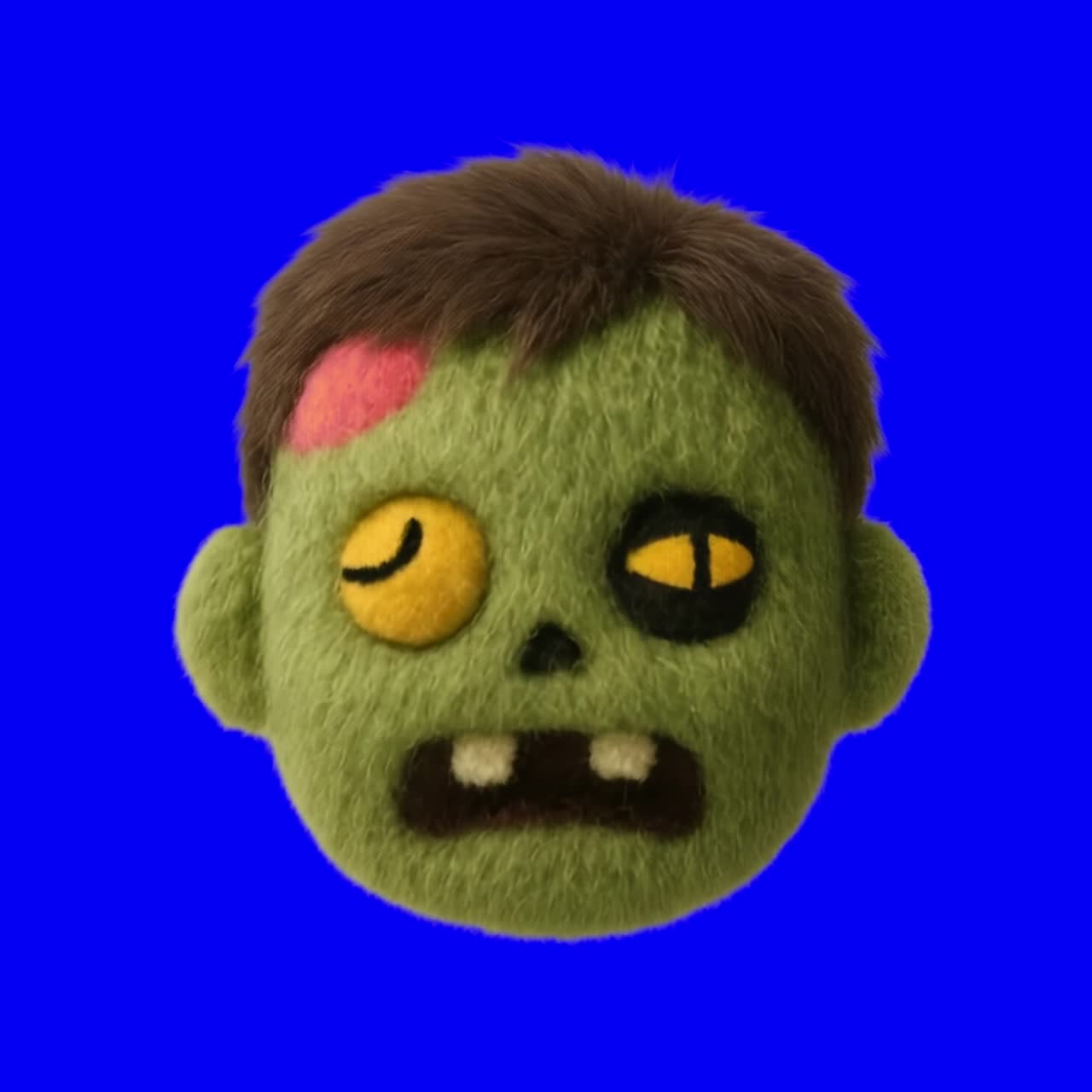 Fuzzy zombie head toy animation, transparent 4K video, green screen