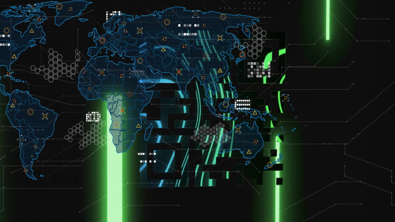 Animation showing digital world map with glowing data points and network connections