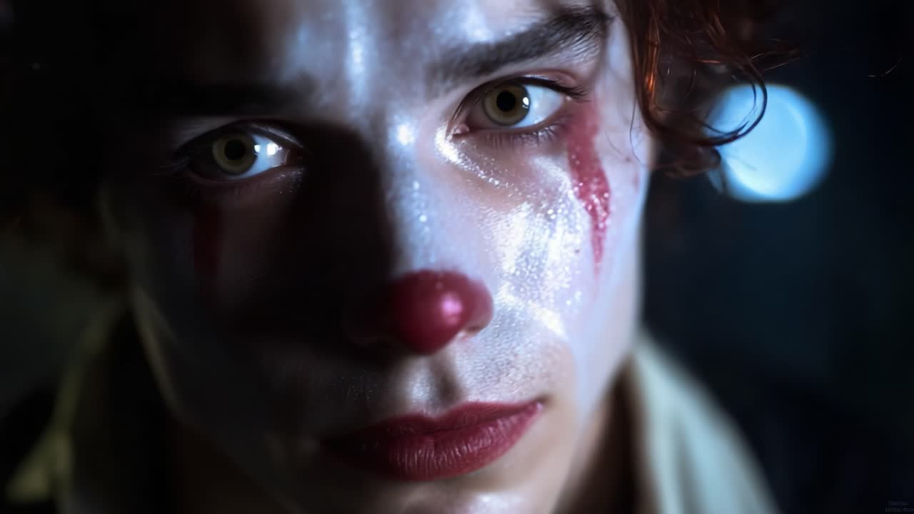 A Close-Up Portrait of a Young Clown with Dramatic Makeup and Expressions, Evoking a Range of Emotions Captured in Two Intense Frames