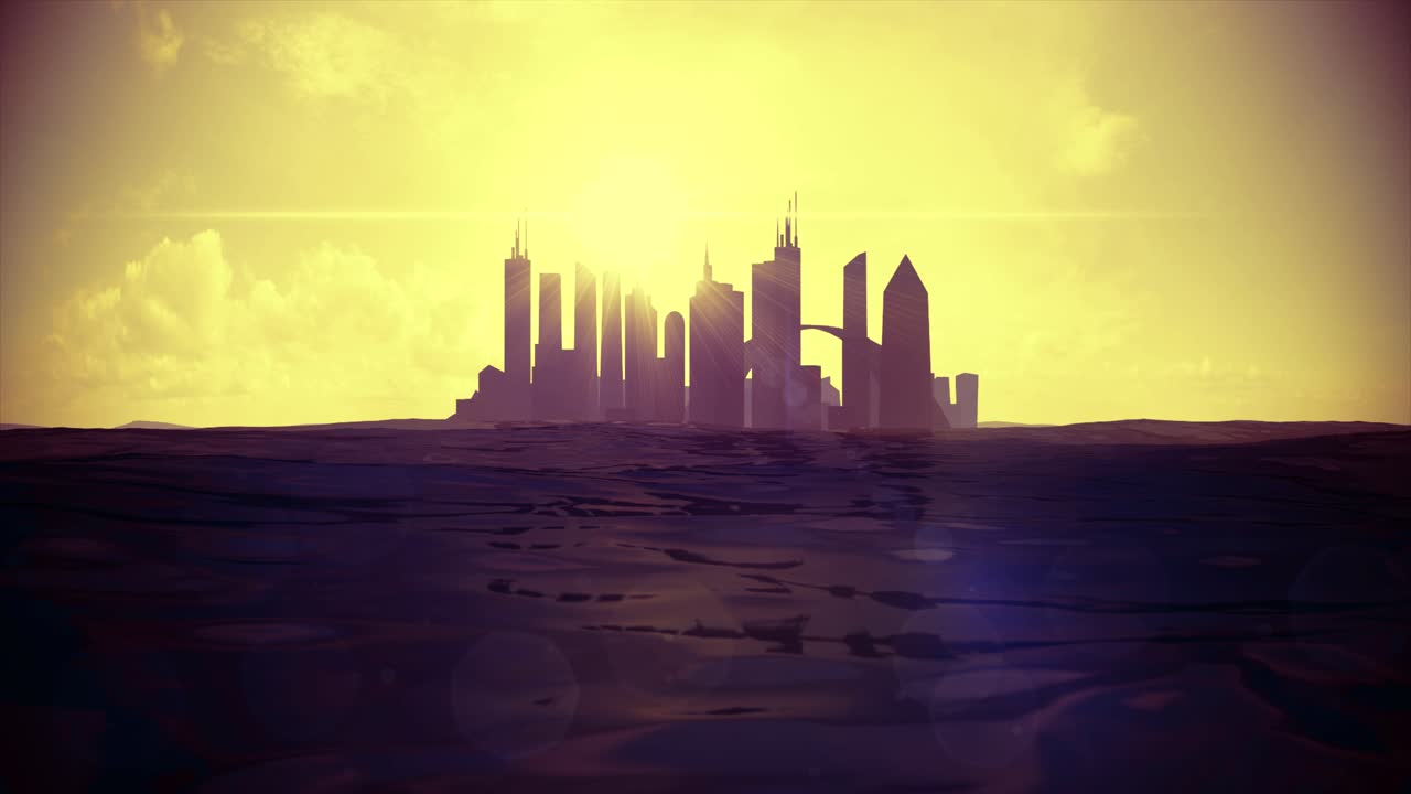 Cityscape skyline ocean rising sea level silhouette skyscraper future island 4k