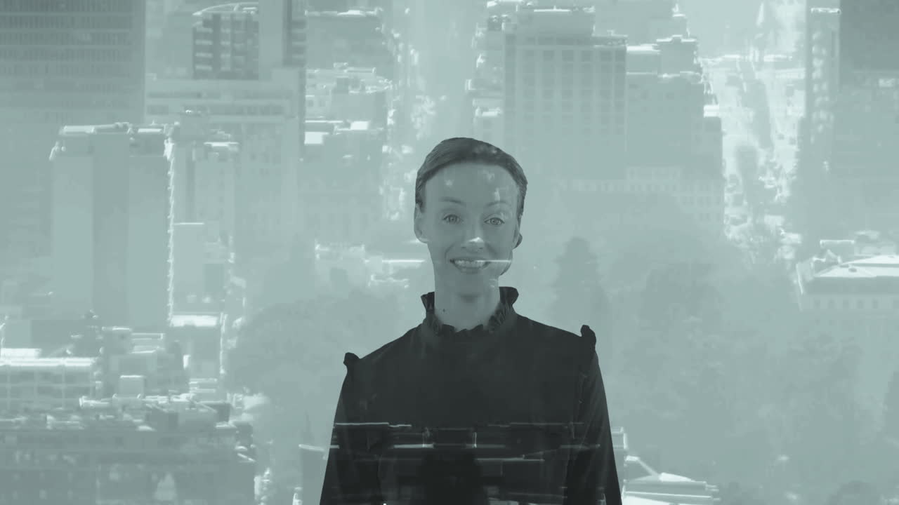 animación del paisaje urbano en movimiento sobre mujer de negocios caucásica casual